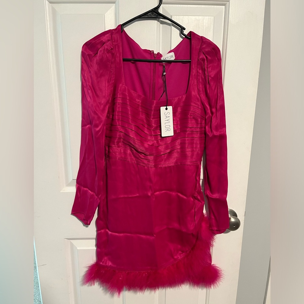 SAYLOR Fuchsia Dress with Feather Trim